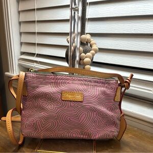 Dooney & Bourke “Doodle Collection” Pink Swirl Floral Crossbody with Tan Trim